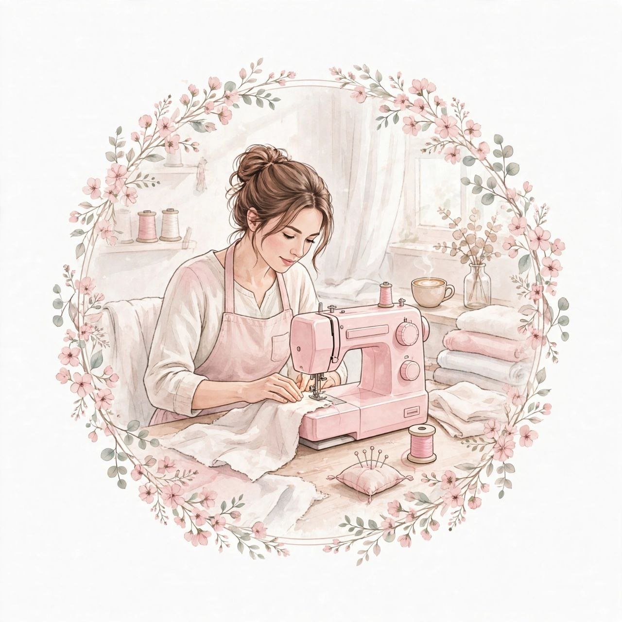 Ilustração de uma costureira trabalhando em seu ateliê